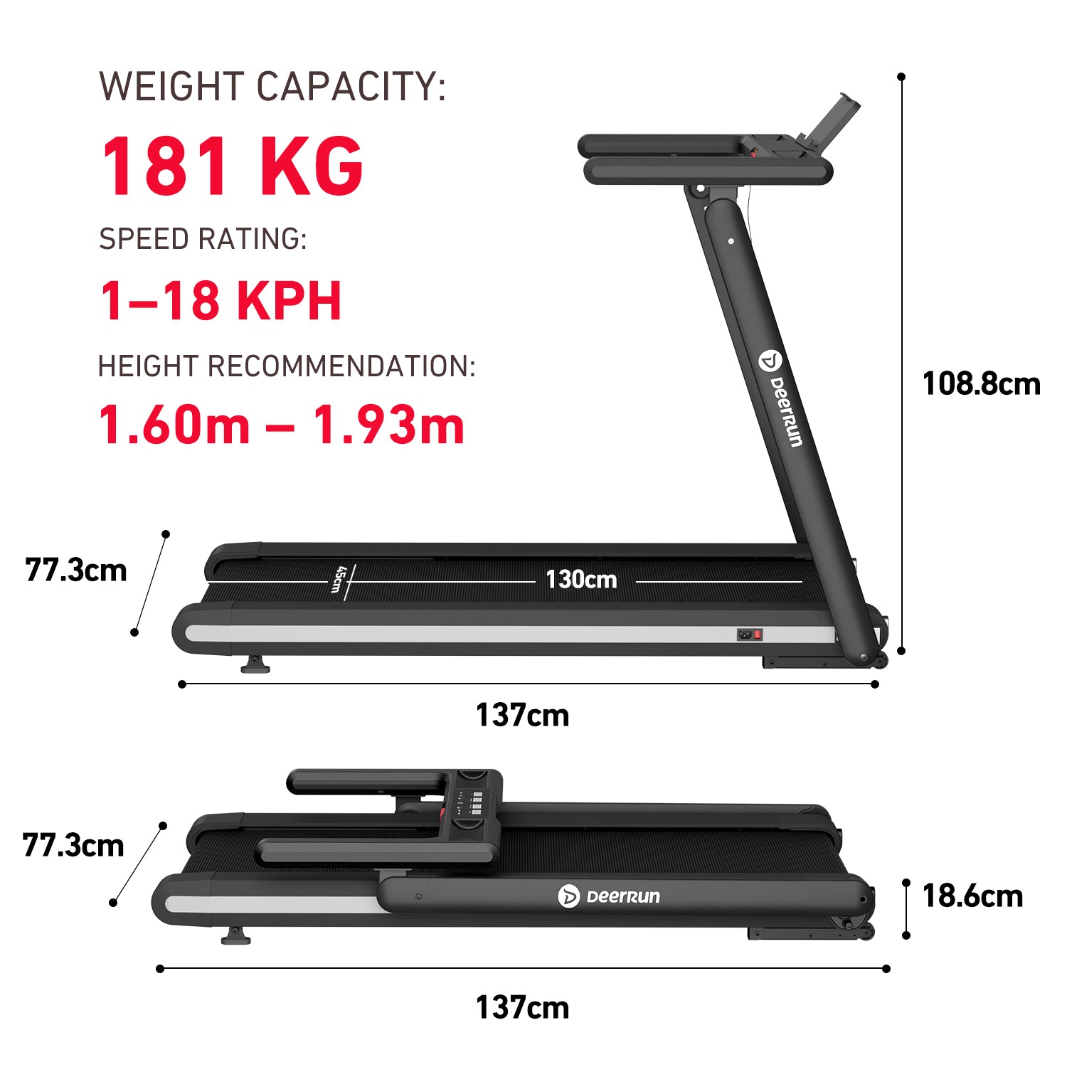 DeerRun X20 Foldable Treadmill with 15% Auto Incline Full Running Deck Treadmill | 181kg Weight Capacity, 1 - 18 kph