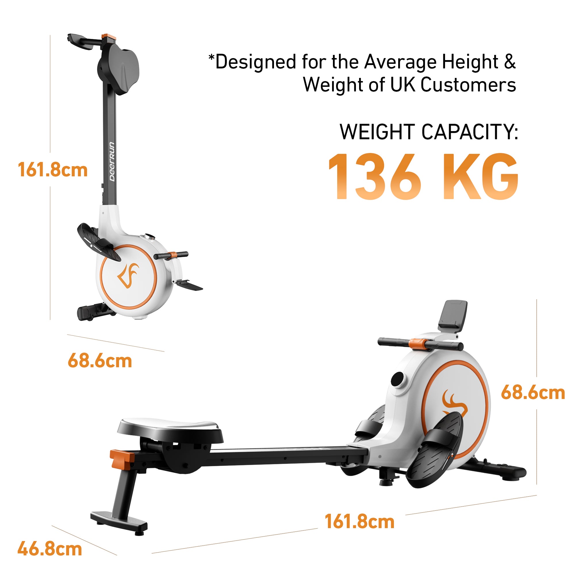 DeerRun RW600 Adjustable 32-Level Magnetic Resistance Long Slide Rail Smart Rowing Machine with PitPat App