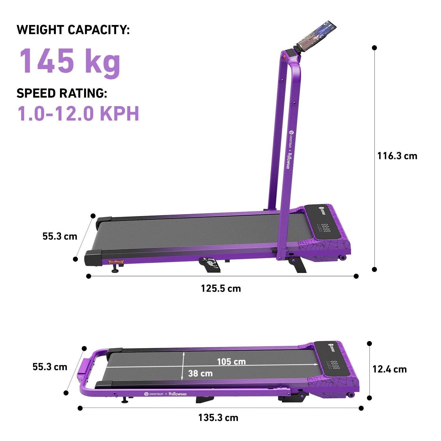 DeerRun Halloween Limited Edition Smart Foldable Treadmill – 3% Incline, Joint-Friendly Design, Purple Cobweb
