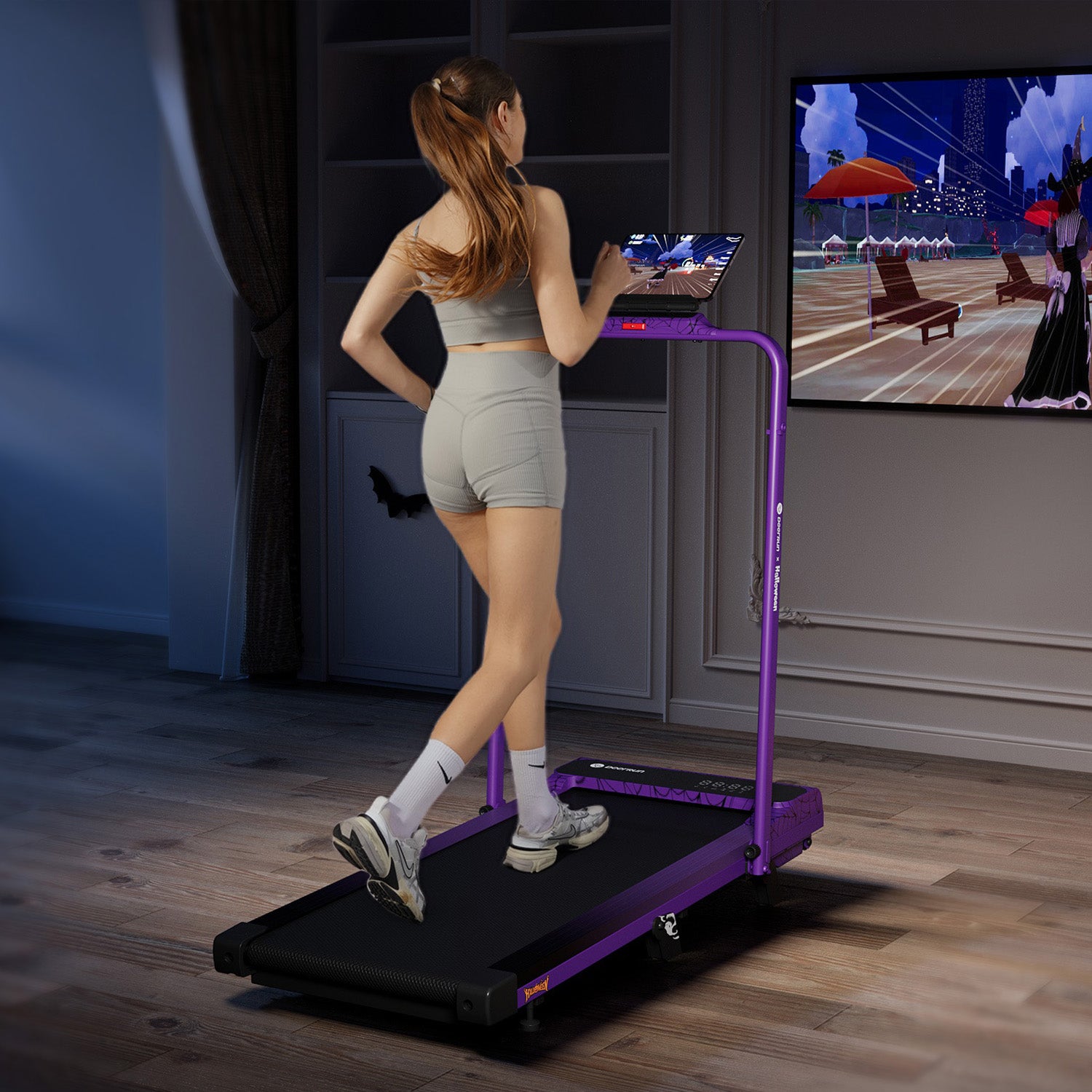 DeerRun Halloween Limited Edition Smart Foldable Treadmill – 3% Incline, Joint-Friendly Design, Purple Cobweb