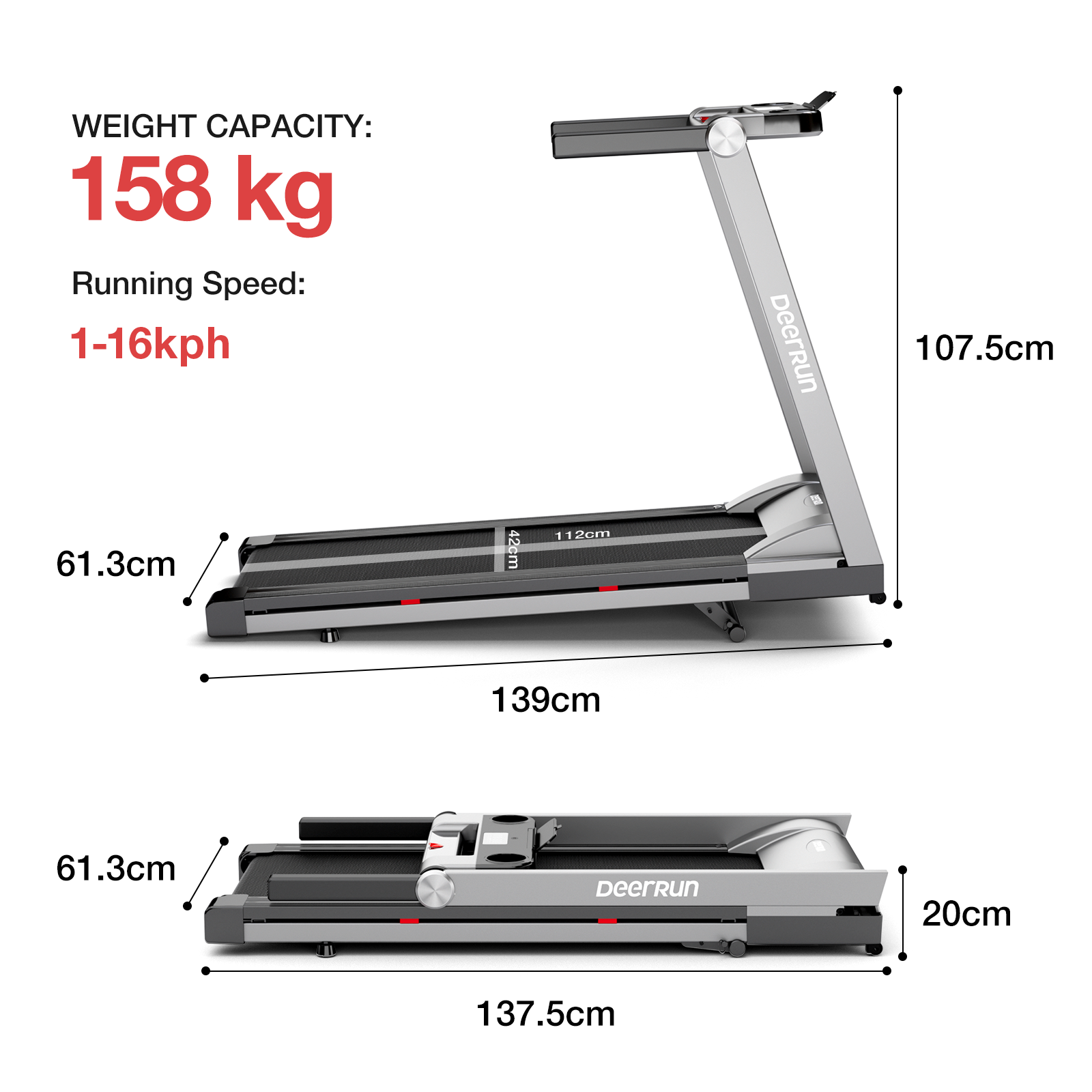 DeerRun® A1 Pro Folding smart treadmill with 6% incline - 16 kph