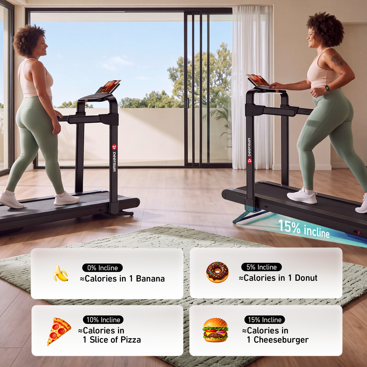 DeerRun Flex Rise 1 Walk-to-Run Treadmill with 15% Auto Incline & Full Running Deck