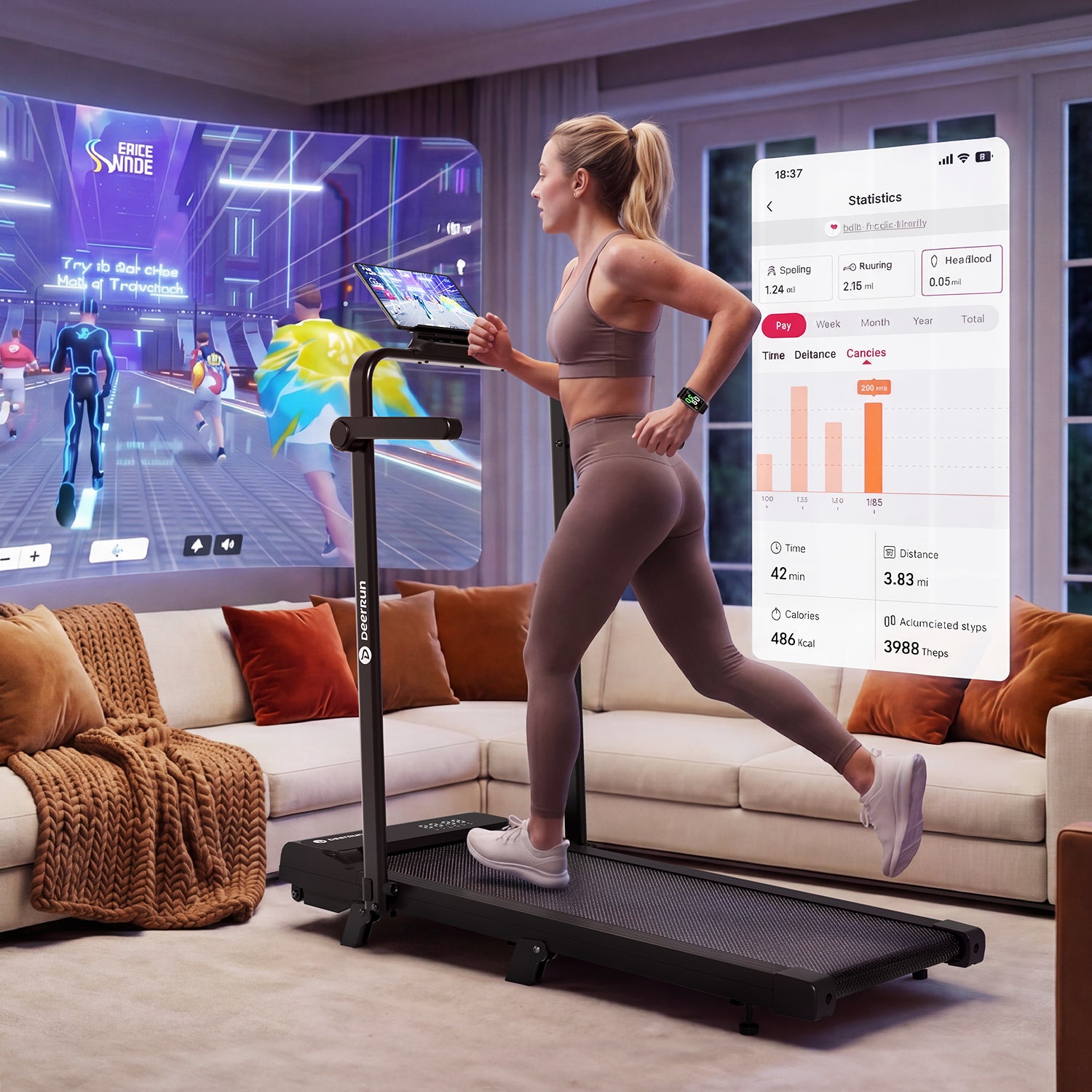 DeerRun A6 Plus 2-in-1 Folding Treadmill with Handlebar, 5% Incline for Home Office (1–12 kph, 136 kg Capacity)