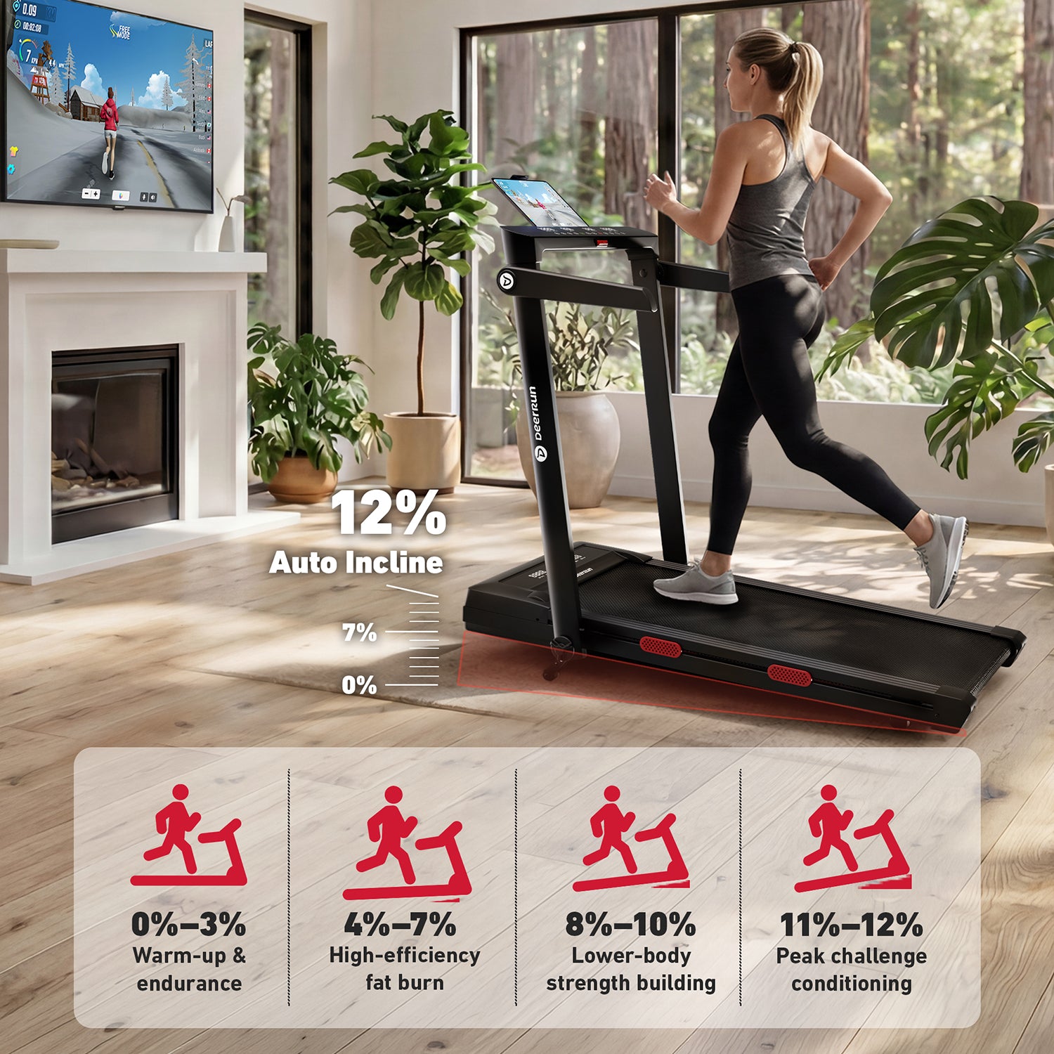 DeerRun Z10 Pro Incline Treadmill with 12% Auto Incline for Home Training