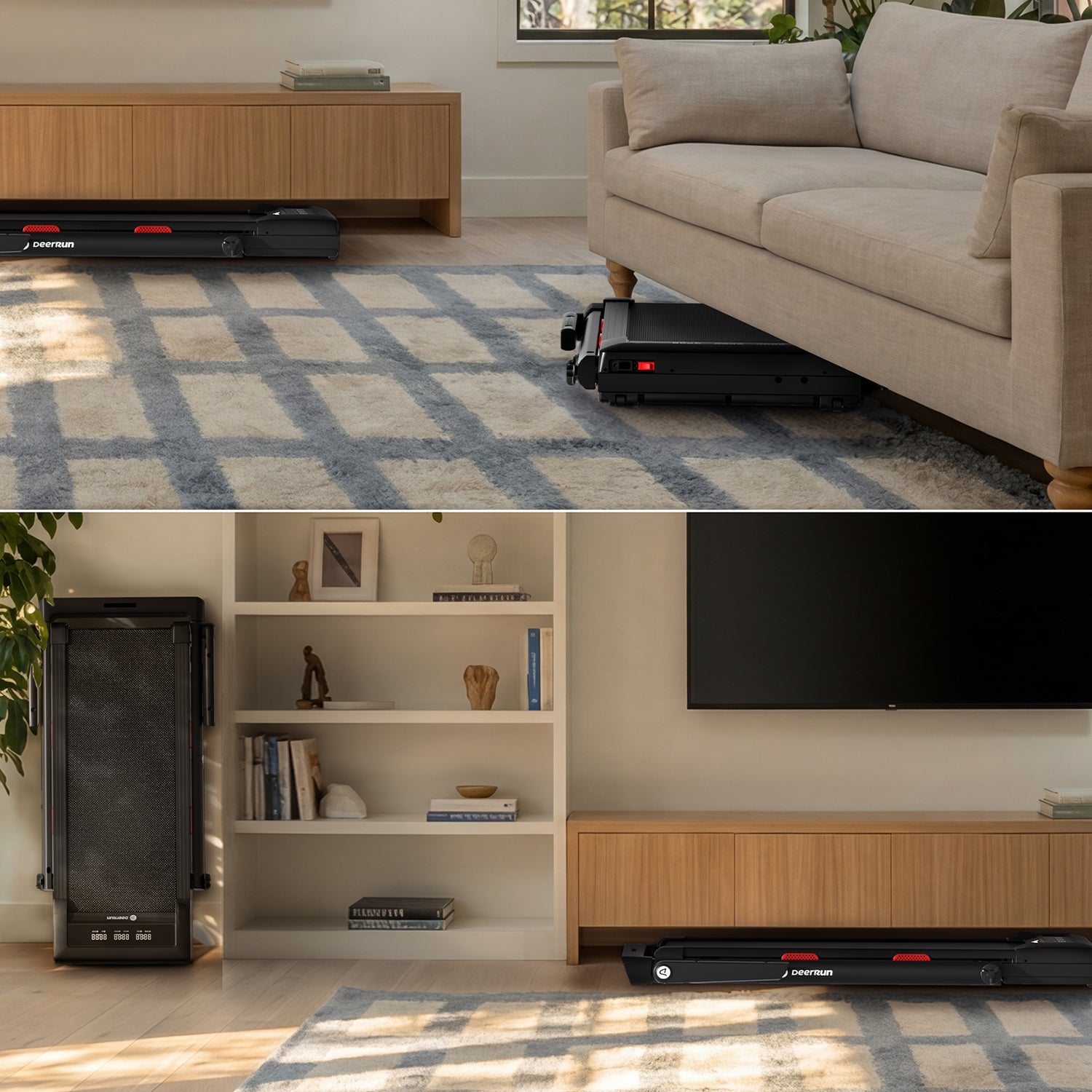 DeerRun Z10 Pro treadmill shown in compact home storage positions