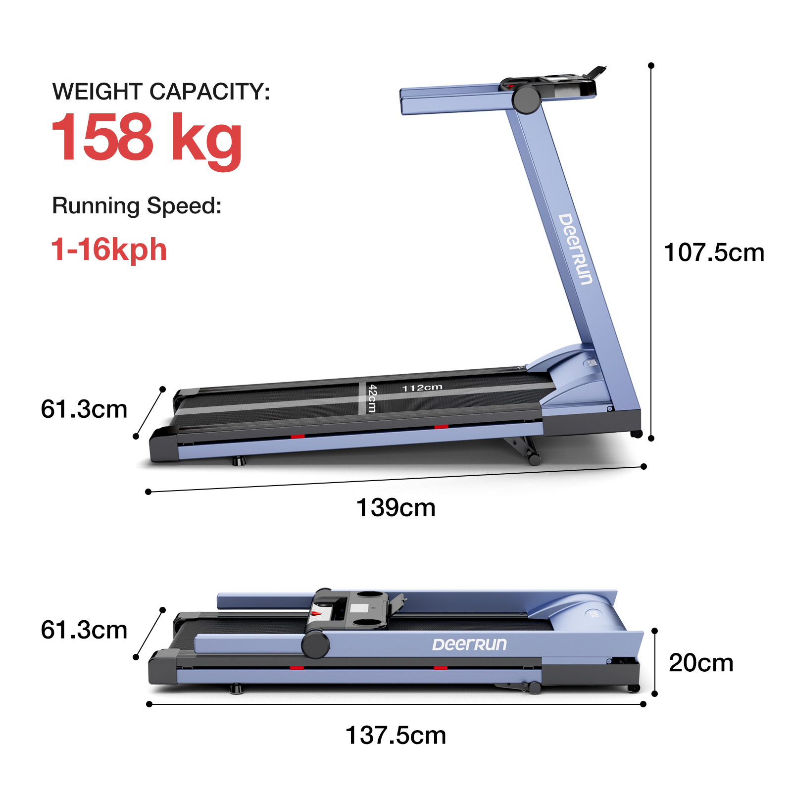 DeerRun® A1 Pro Folding smart treadmill with 6% incline - 16 kph