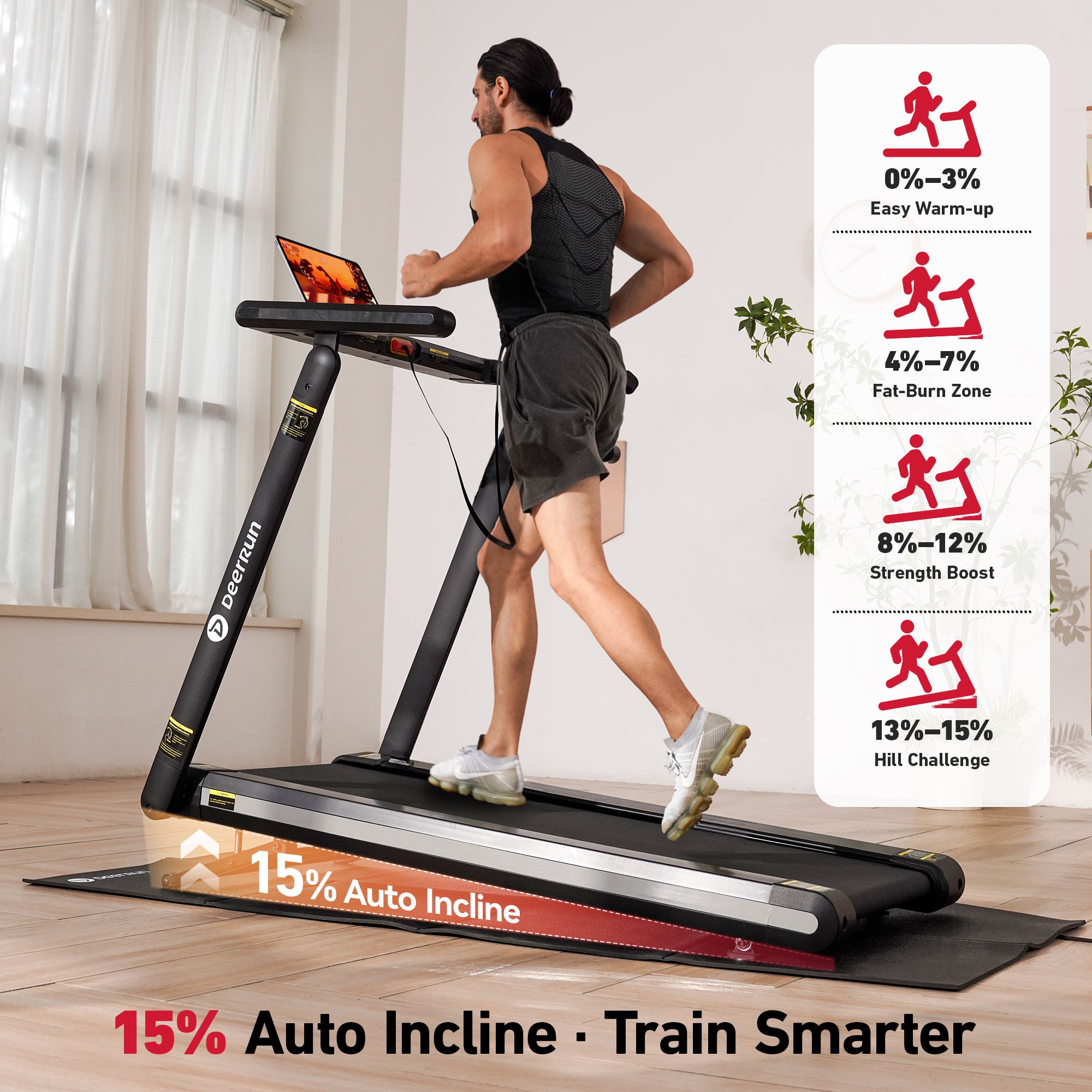DeerRun X20 15% Auto-Incline Foldable Treadmill · Full Running Deck · 18 kph · 181kg Weight Capacity