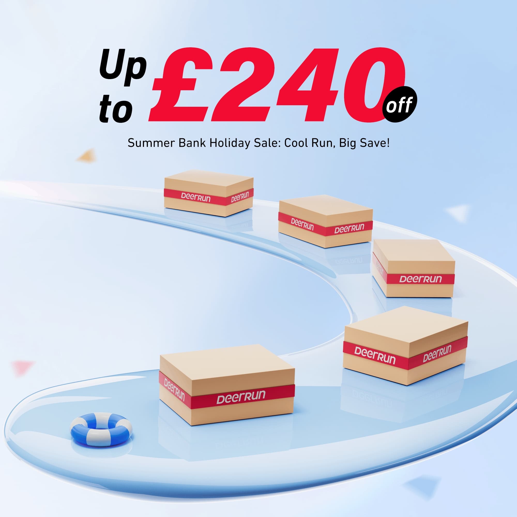 Promotional graphic with 'Deerrun' boxes and a life buoy on a blue background, featuring a discount offer.