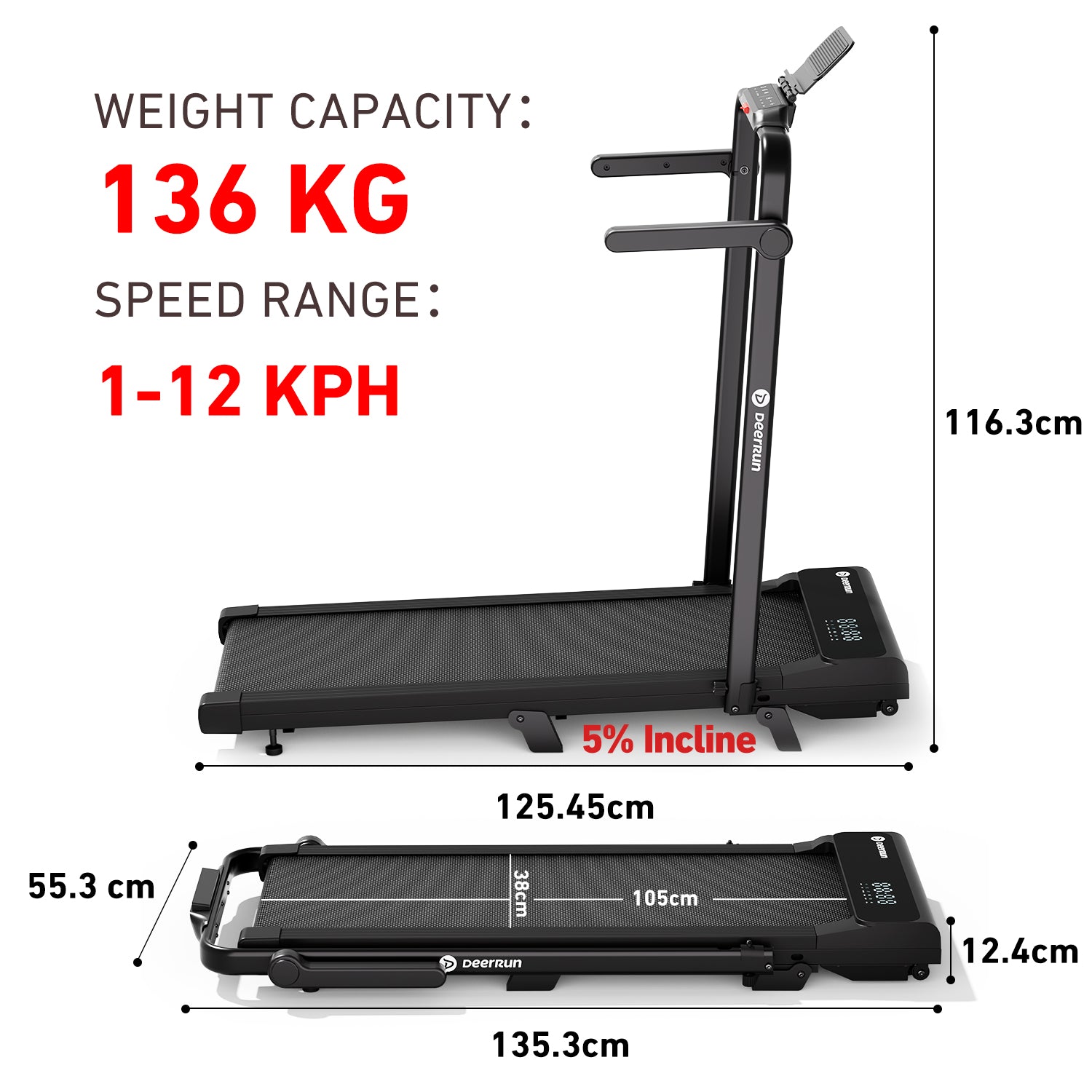 A6 Plus Foldable Walk-and-Run Treadmill with 5% Incline (1–12 kph, 136 kg Capacity)