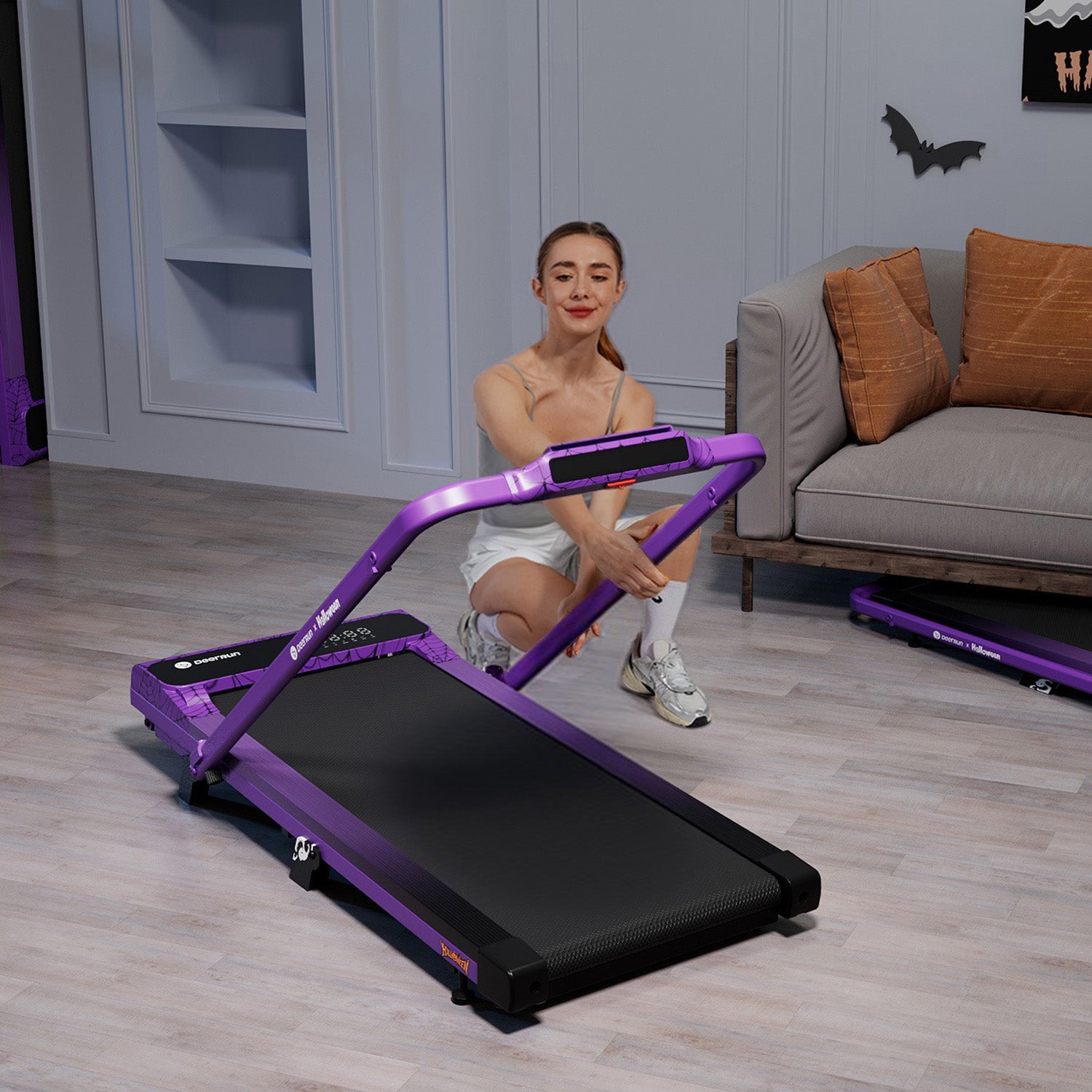 DeerRun Halloween Limited Edition Smart Foldable Treadmill – 3% Incline, Joint-Friendly Design, Purple Cobweb