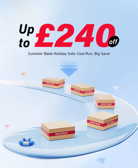 Promotional graphic with 'Up to £240 off' offer and boxes labeled 'deerun' on a blue background.