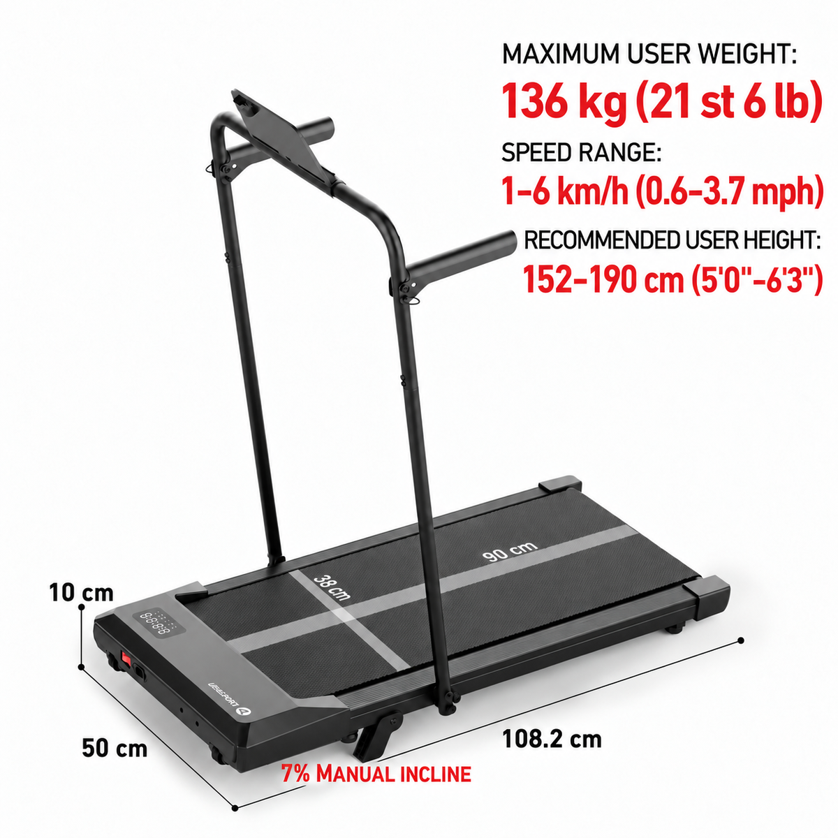 DeerRun WinterWalk 7% Incline Walking Pad with Handrail